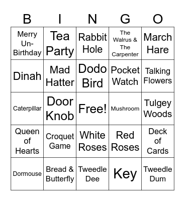 Alice in Wonderland Bingo Card