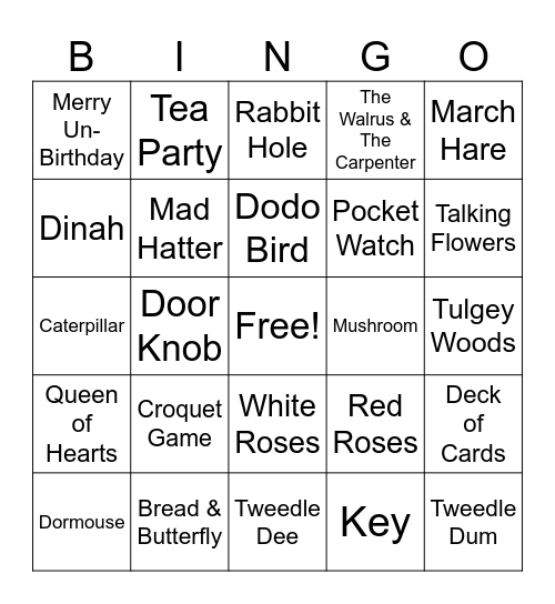 Alice in Wonderland Bingo Card