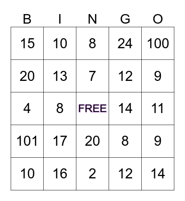 Addition Bingo Card