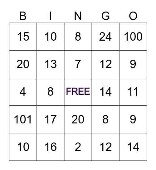 Addition Bingo Card