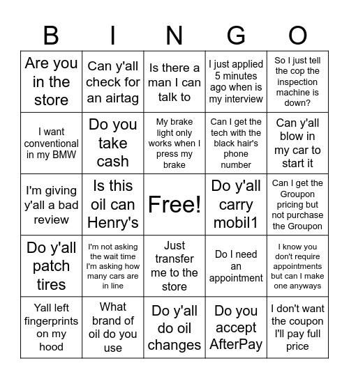 Valvoline customers Bingo Card