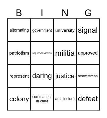 1st Grade Unit 10: "A New Nation" Bingo Card