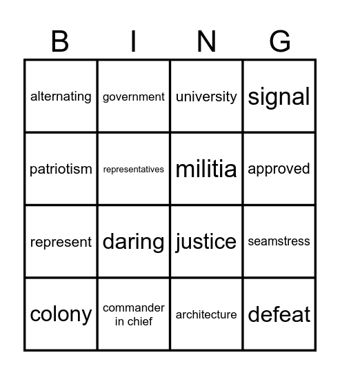 1st Grade Unit 10: "A New Nation" Bingo Card