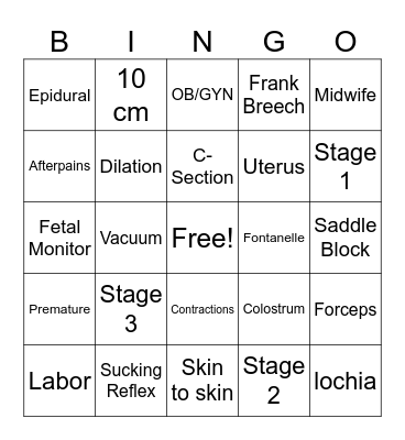 Labor and Delivery Bingo Card