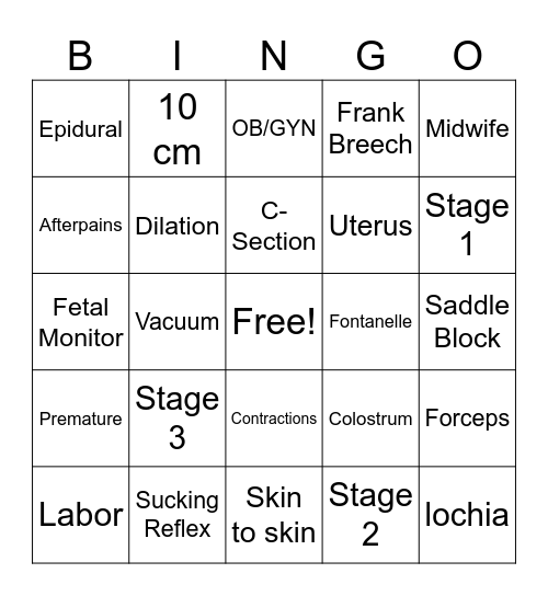 Labor and Delivery Bingo Card