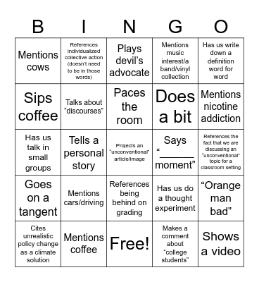 Matty Greggy Last Class Bingo Card