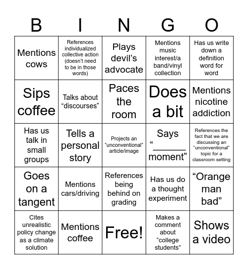 Matty Greggy Last Class Bingo Card