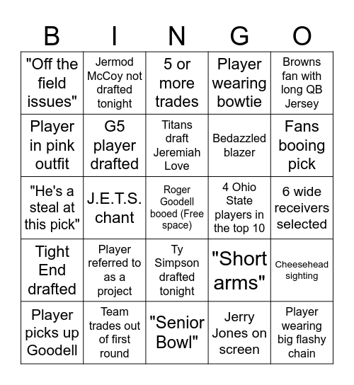 NFL DRAFT Bingo Card