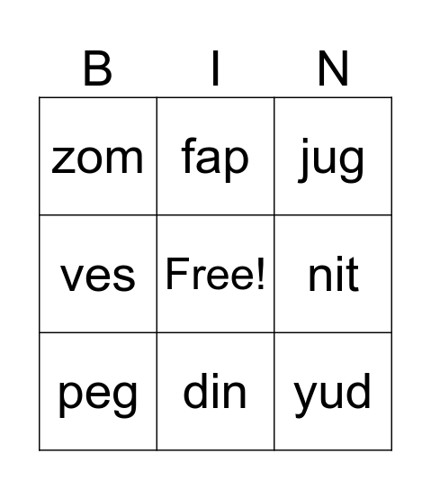 Nonsense Word BINGO Card