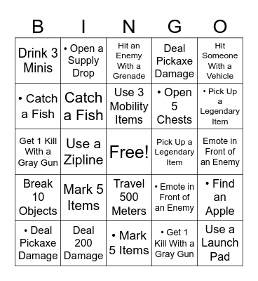 ✅ Fortnite Challenge Checklist Bingo Card