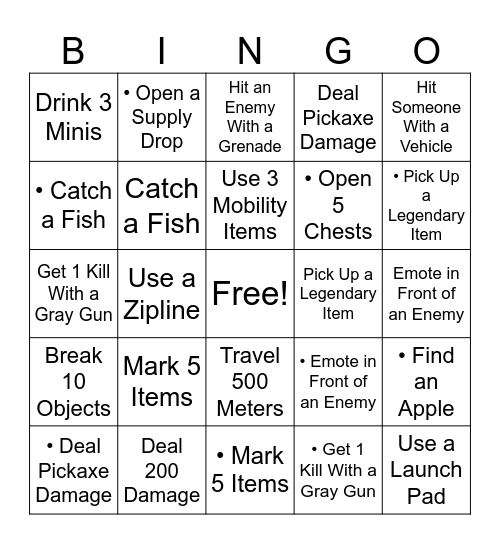 ✅ Fortnite Challenge Checklist Bingo Card