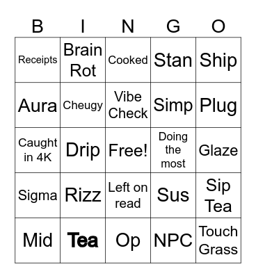 Teenage Slang Bingo Card