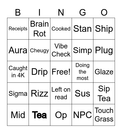 Teenage Slang Bingo Card