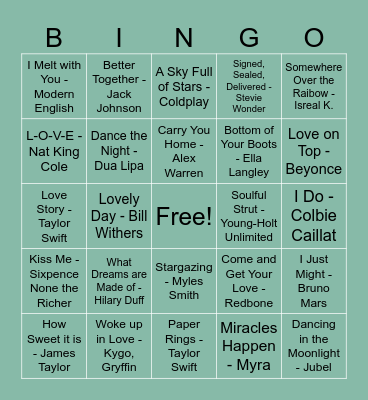 Bridal Music Bingo Card