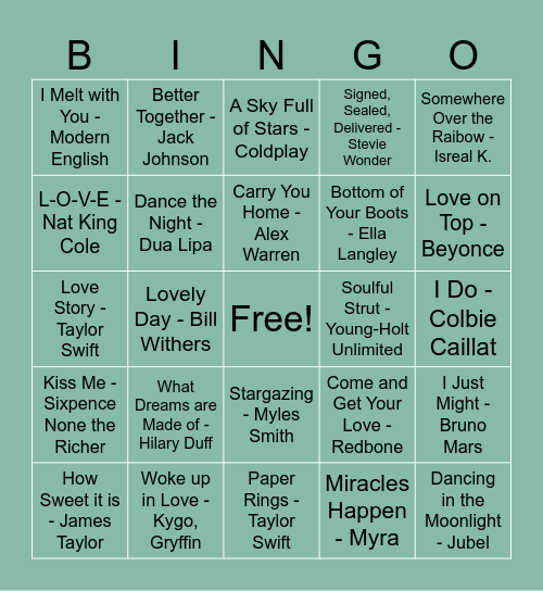 Bridal Music Bingo Card