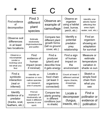Ecology Bingo! Bingo Card
