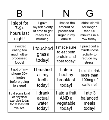 SOS Physical Health BINGO Card