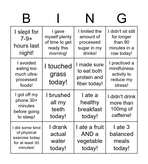 SOS Physical Health BINGO Card