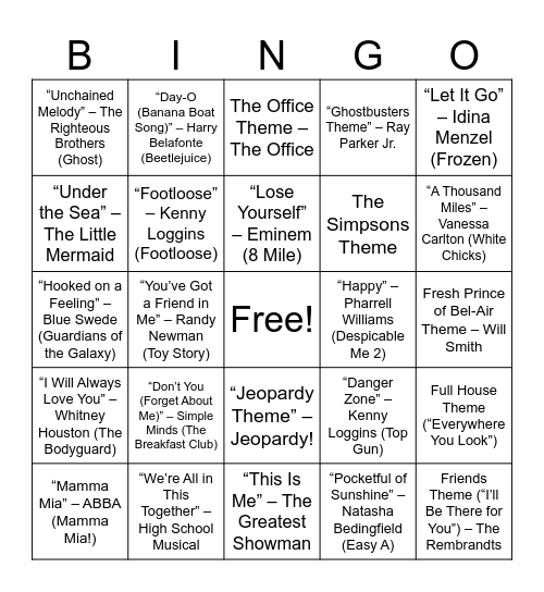 Songs from TV and Movies! Bingo Card