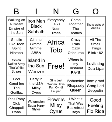 Pop Music Bingo Card