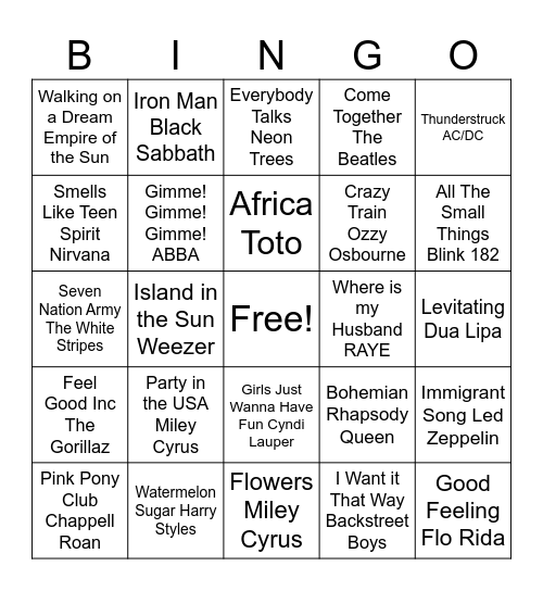 Pop Music Bingo Card