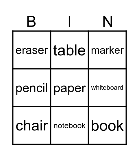 Classroom Items Bingo Card