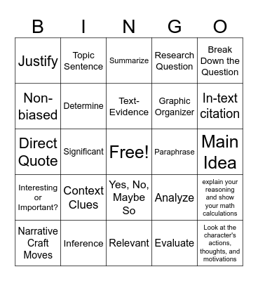 Academic Vocabulary Bingo Card