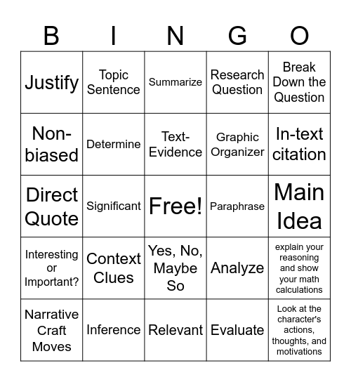 Academic Vocabulary Bingo Card