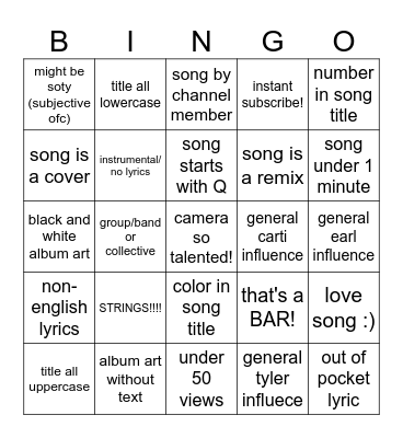 CAMERA'S SONGS BINGO! Bingo Card