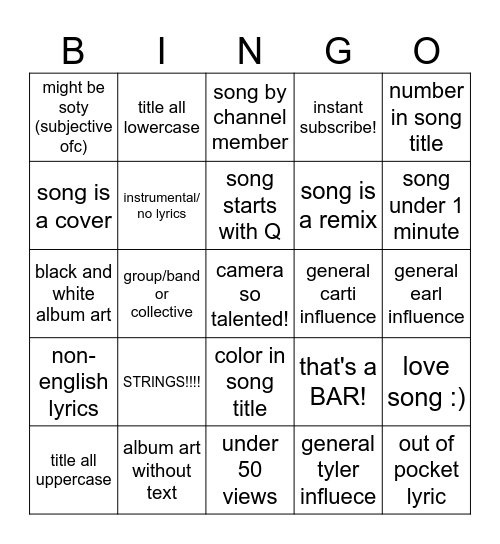 CAMERA'S SONGS BINGO! Bingo Card