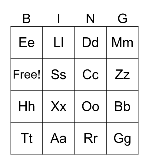 Letters Bingo Card