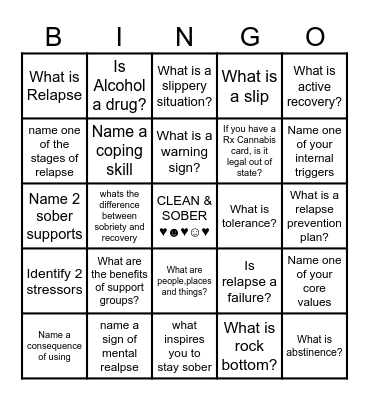 Relapse Prevention Bingo Card
