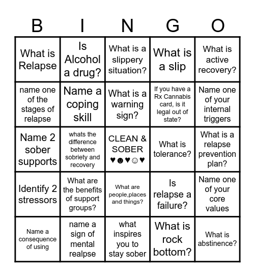 Relapse Prevention Bingo Card