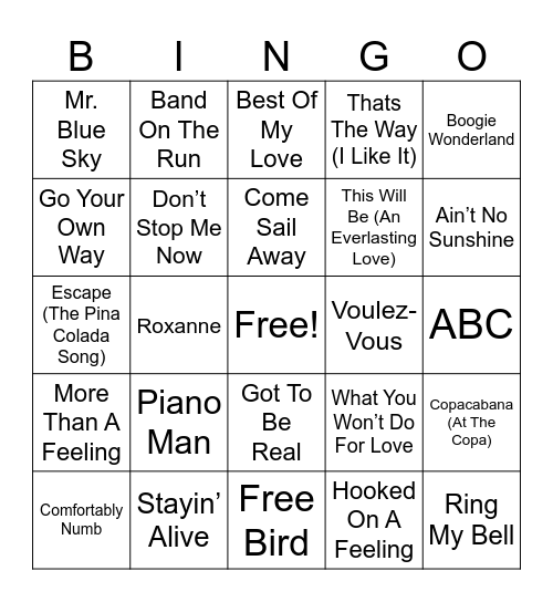 70's Hits Bingo Card