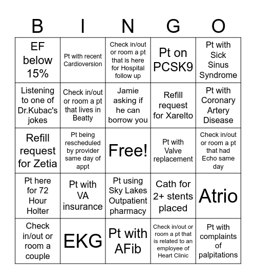 Cardiology Bingo Card