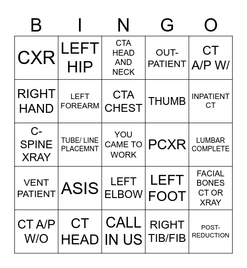 XRAY BINGO Card