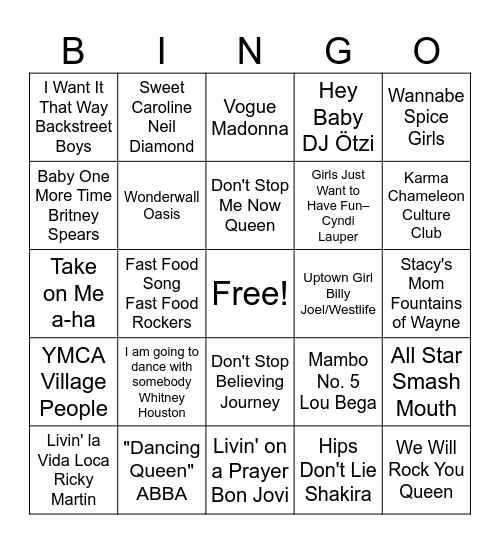 Musical Bingo Card