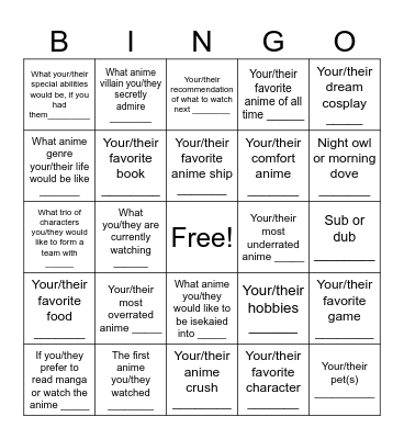 Anime Social Nexus Friending Bingo | Try to meet new people for each space! Talk to them about... Bingo Card