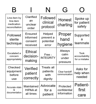Clinical Integrity Bingo Card