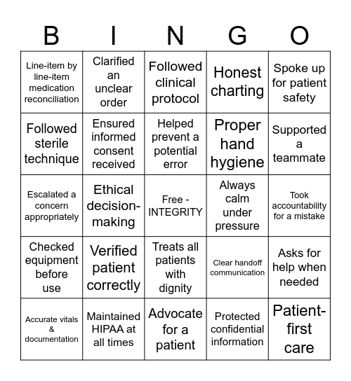Clinical Integrity Bingo Card