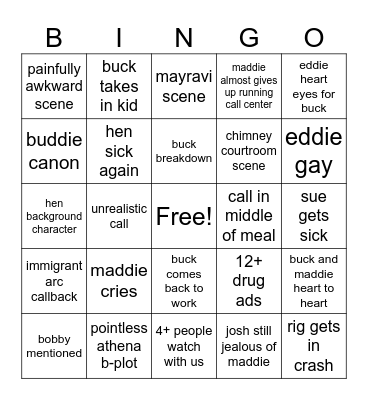 9-1-1: 09x17 "I GOT YOU BABE" Bingo Card
