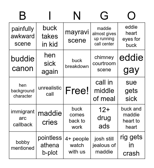 9-1-1: 09x17 "I GOT YOU BABE" Bingo Card