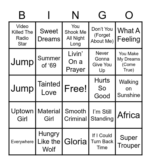 80's Music Bingo Card