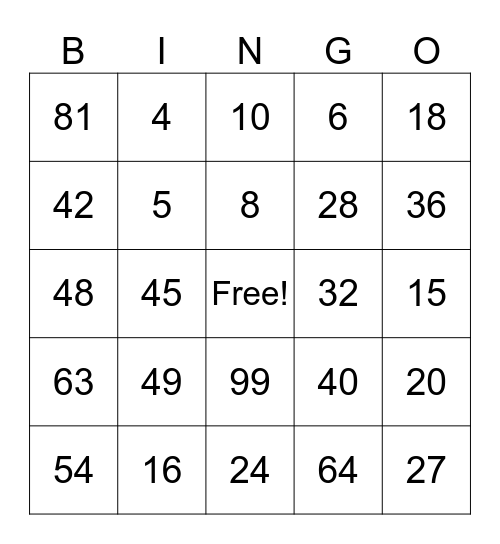 Multiplication Facts Bingo Card