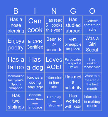 Bid Day BINGO Card