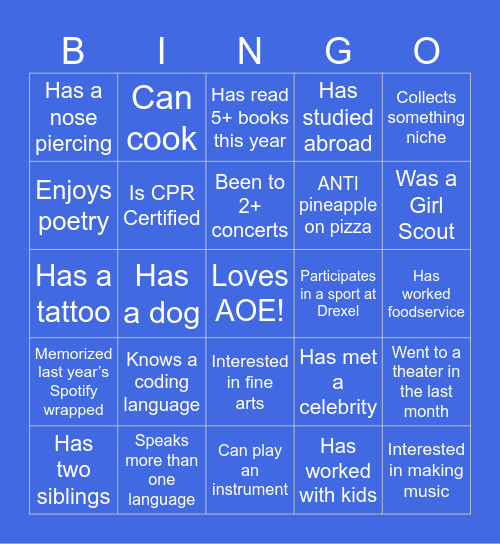 Bid Day BINGO Card
