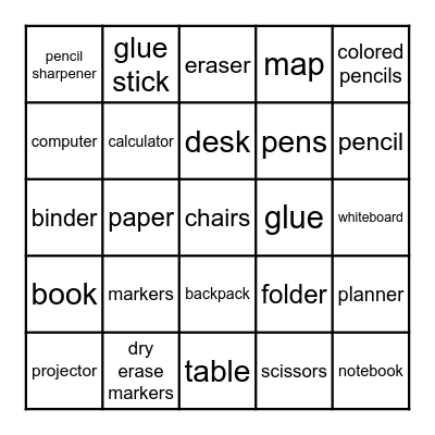 Classroom Items (extended) Bingo Card