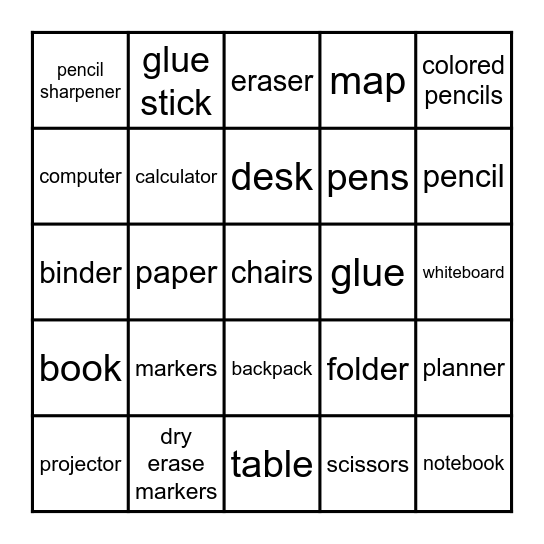 Classroom Items (extended) Bingo Card