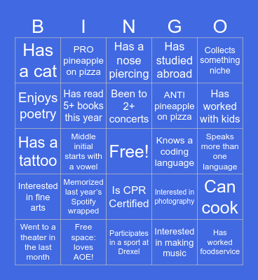 Bid Day BINGO Card
