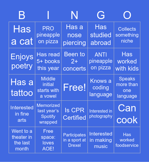 Bid Day BINGO Card